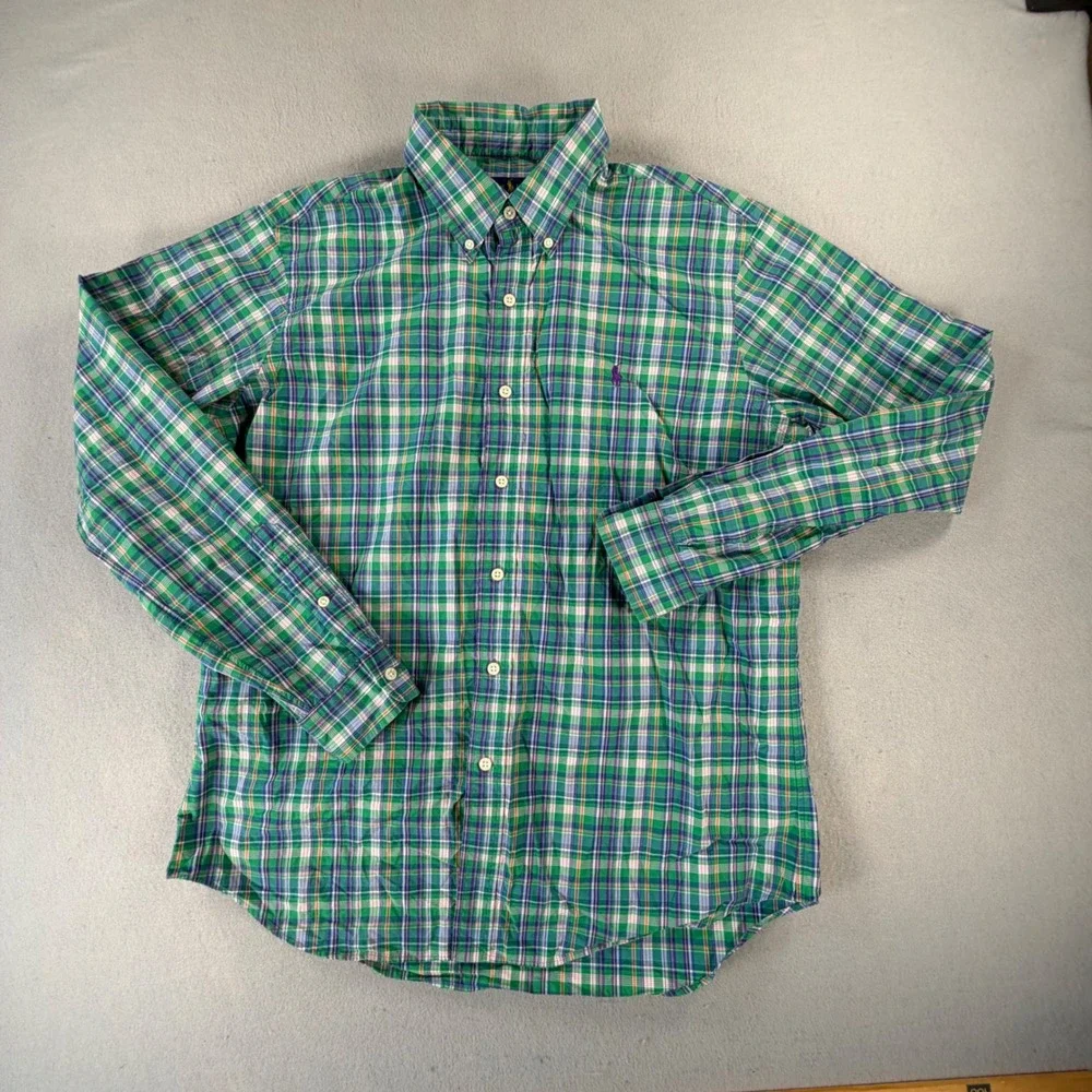 Polo Ralph Lauren Mens Green Plaid Button Down Shirt Slim Fit Preppy 100% Cotton